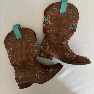 Girls Brown & Turquoise Cowgirl Boots - Kids Size 2 - preowned